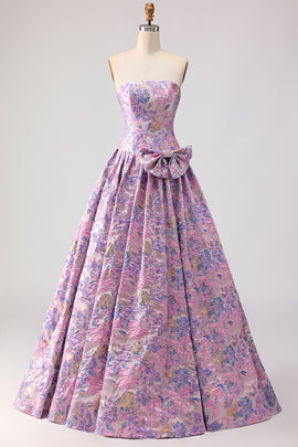 Floral Lilac Strapless Jacquard Long Prom Dress with Bow