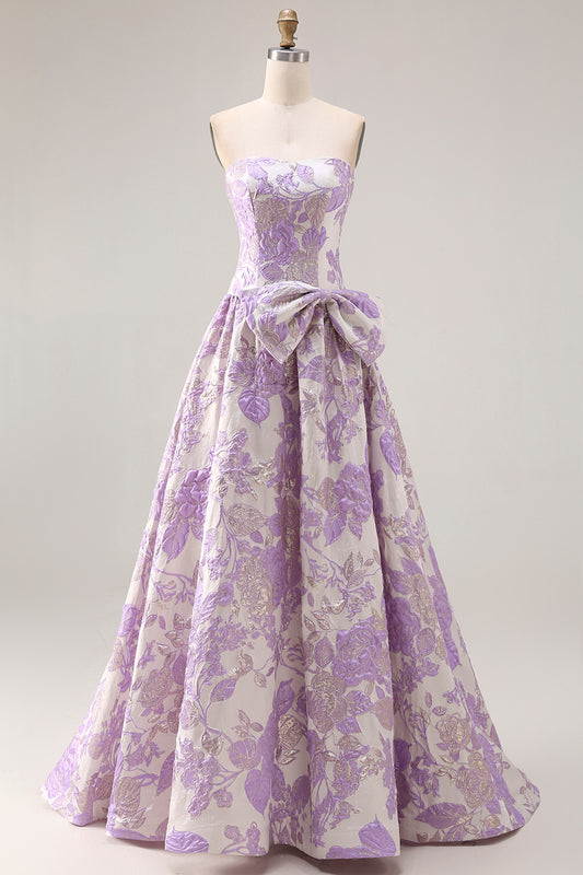 Floral Lilac Jacquard A Line Strapless Long Prom Dress with Bow