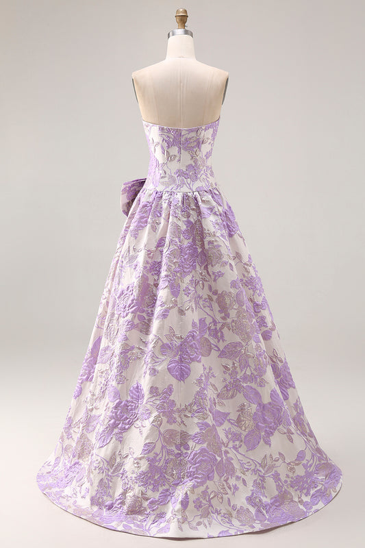 Floral Lilac Jacquard A Line Strapless Long Prom Dress with Bow