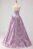 Floral Lilac A Line Jacquard Strapless Long Prom Dress with Bow