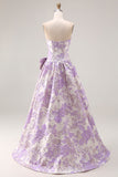 Floral Lilac Jacquard A Line Strapless Long Prom Dress with Bow