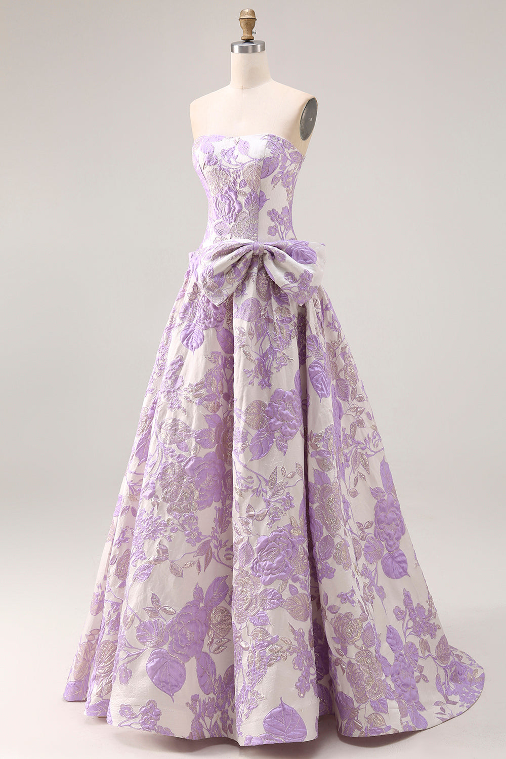 Floral Lilac Jacquard A Line Strapless Long Prom Dress with Bow
