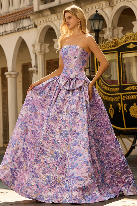 Floral Lilac A Line Jacquard Strapless Long Prom Dress with Bow