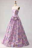 Floral Lilac Strapless Jacquard Long Prom Dress with Bow