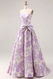 Floral Lilac Jacquard A Line Strapless Long Prom Dress with Bow