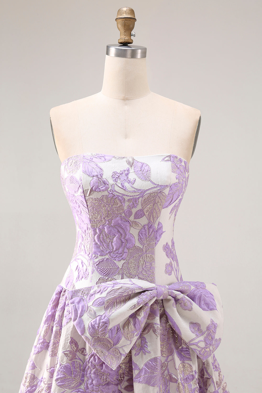 Floral Lilac Jacquard A Line Strapless Long Prom Dress with Bow