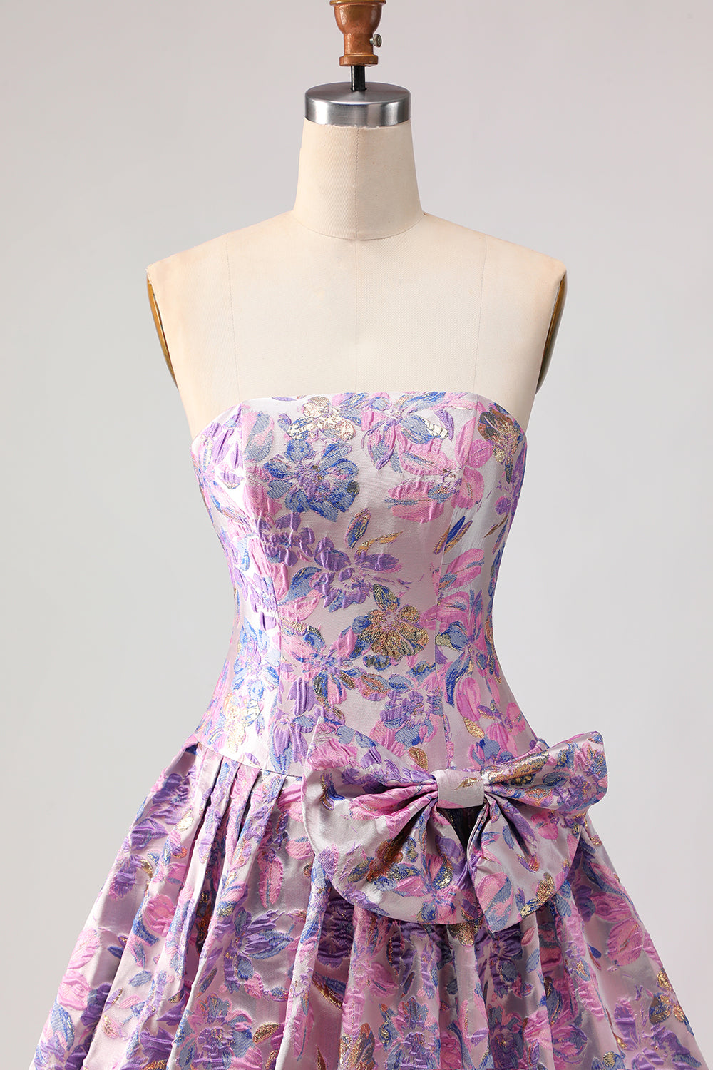 Floral Lilac Strapless Jacquard Long Prom Dress with Bow