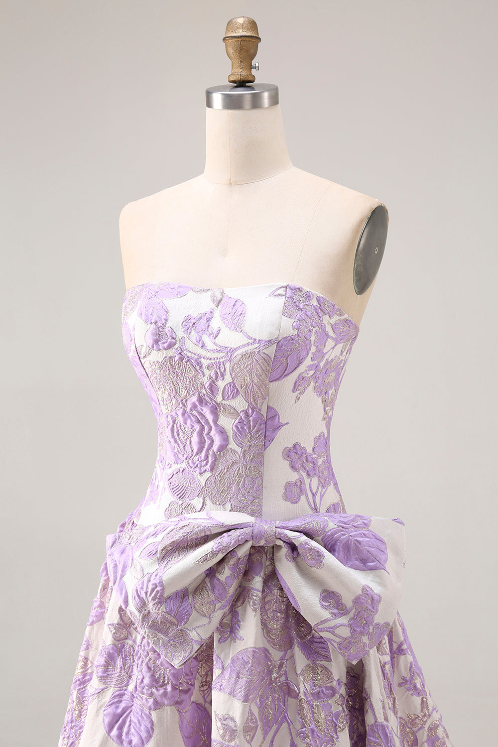 Floral Lilac Jacquard A Line Strapless Long Prom Dress with Bow