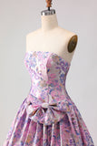 Floral Lilac Strapless Jacquard Long Prom Dress with Bow