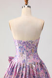 Floral Lilac Strapless Jacquard Long Prom Dress with Bow