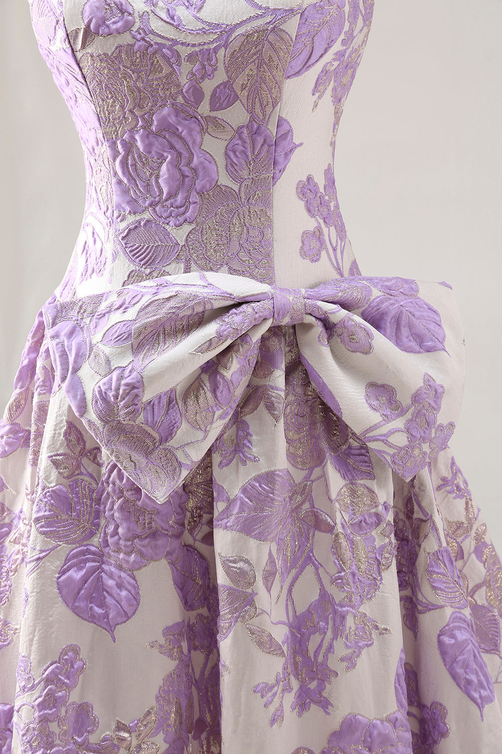 Floral Lilac Jacquard A Line Strapless Long Prom Dress with Bow