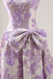Floral Lilac Jacquard A Line Strapless Long Prom Dress with Bow