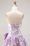 Floral Lilac Jacquard A Line Strapless Long Prom Dress with Bow