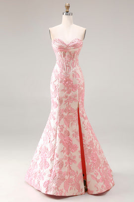 Floral Ivory and Pink Mermaid Jacquard Sweetheart Long Corset Prom Dress with Slit