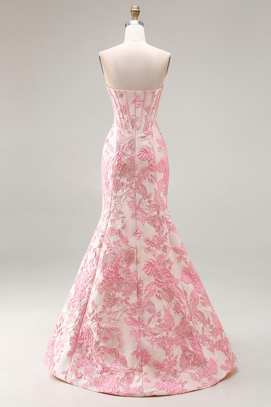 Floral Ivory and Pink Mermaid Jacquard Sweetheart Long Corset Prom Dress with Slit