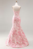 Floral Ivory and Pink Mermaid Jacquard Sweetheart Long Corset Prom Dress with Slit