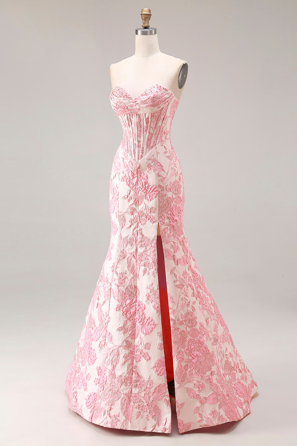 Floral Ivory and Pink Mermaid Jacquard Sweetheart Long Corset Prom Dress with Slit