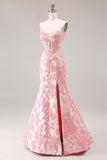Floral Ivory and Pink Mermaid Jacquard Sweetheart Long Corset Prom Dress with Slit