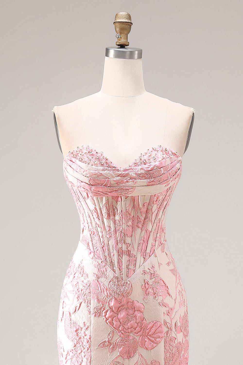 Floral Ivory and Pink Mermaid Jacquard Sweetheart Long Corset Prom Dress with Slit