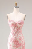 Floral Ivory and Pink Mermaid Jacquard Sweetheart Long Corset Prom Dress with Slit