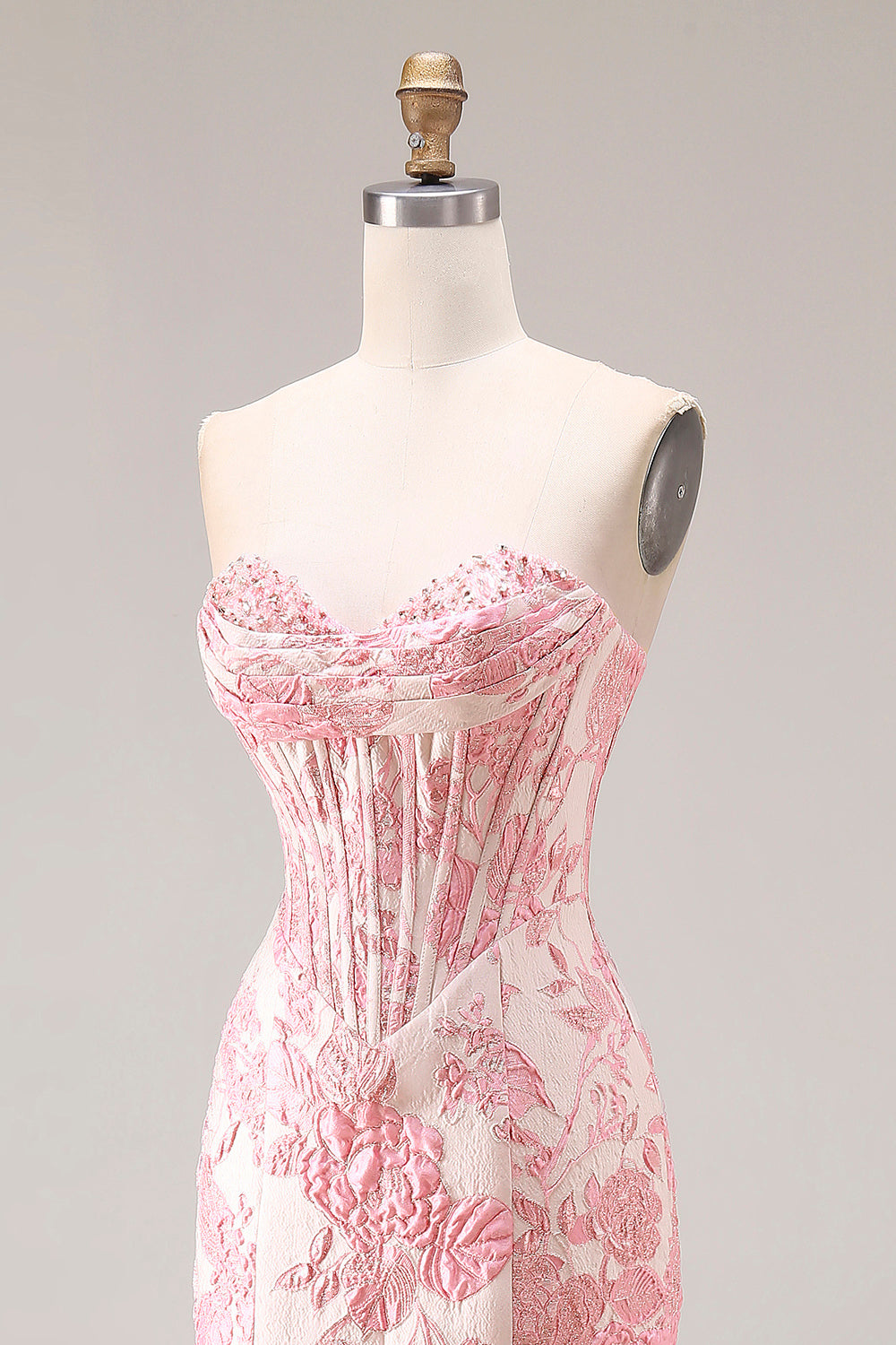 Floral Ivory and Pink Mermaid Jacquard Sweetheart Long Corset Prom Dress with Slit