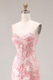 Floral Ivory and Pink Mermaid Jacquard Sweetheart Long Corset Prom Dress with Slit