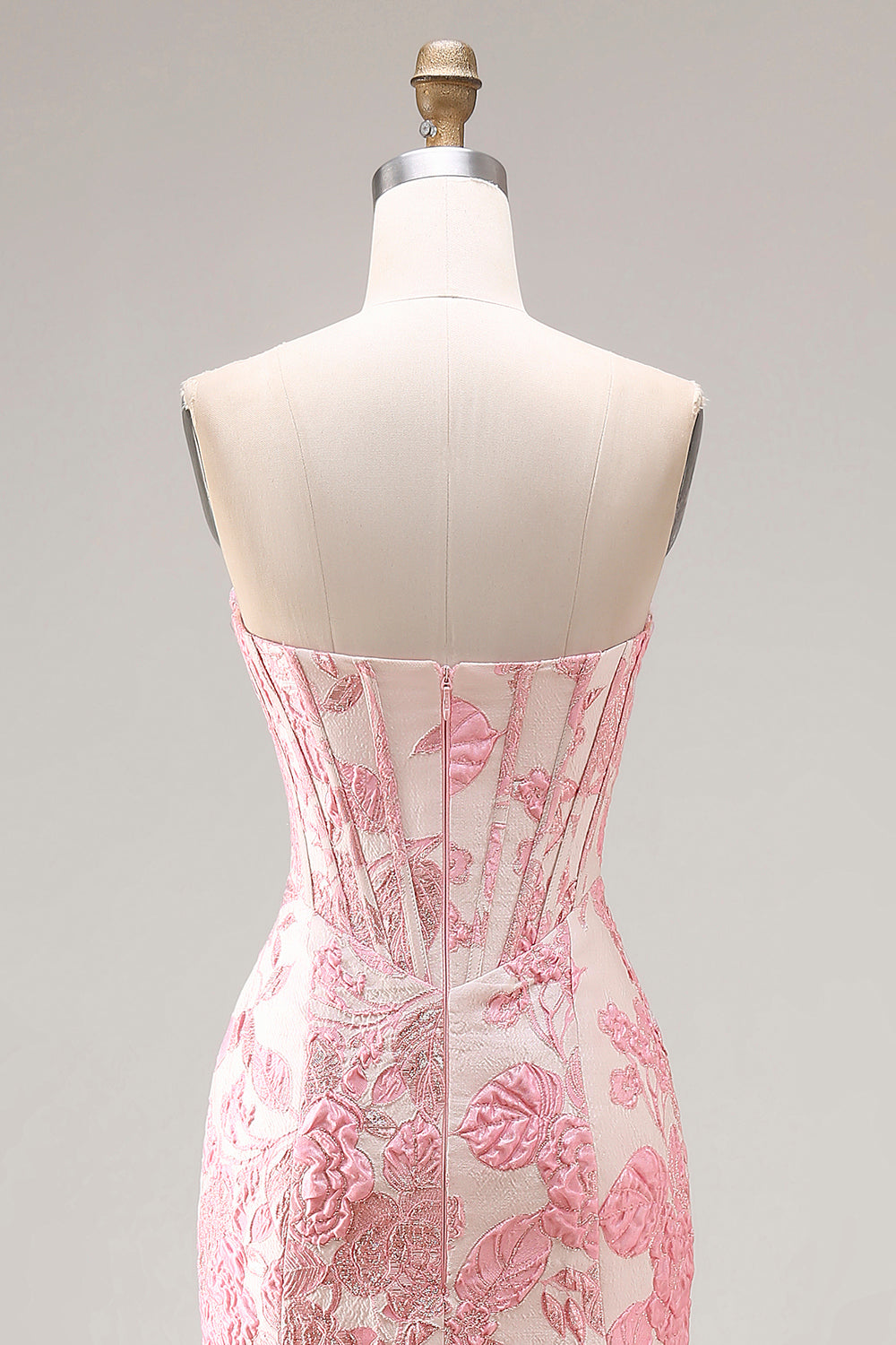 Floral Ivory and Pink Mermaid Jacquard Sweetheart Long Corset Prom Dress with Slit