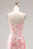 Floral Ivory and Pink Mermaid Jacquard Sweetheart Long Corset Prom Dress with Slit