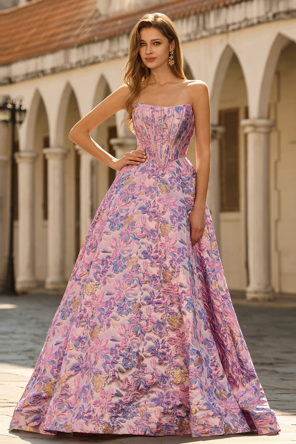 Floral Lilac Jacquard Strapless A Line Long Corset Prom Dress