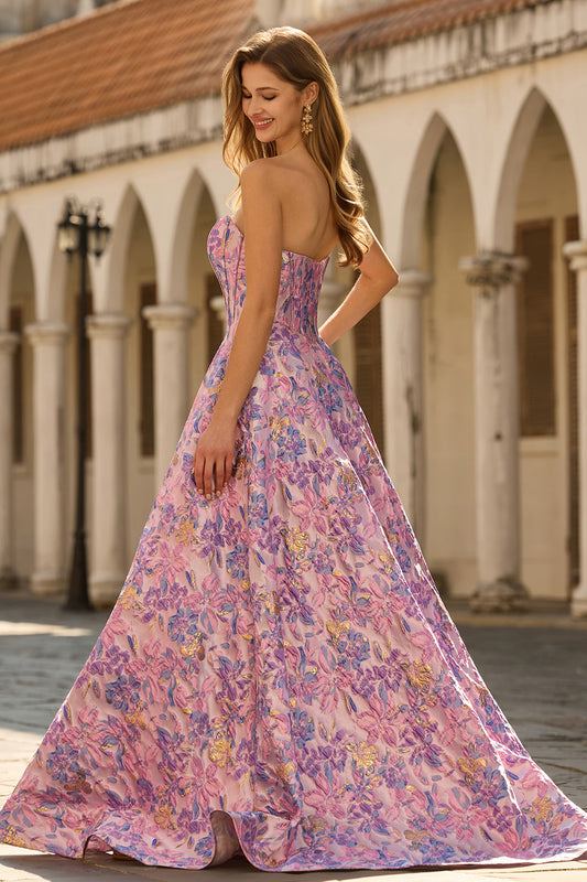 Floral Lilac Jacquard Strapless A Line Long Corset Prom Dress