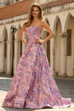 Floral Lilac Jacquard Strapless A Line Long Corset Prom Dress