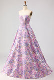 Floral Lilac A Line Jacquard Strapless Long Corset Prom Dress