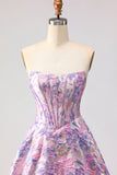 Floral Lilac A Line Jacquard Strapless Long Corset Prom Dress