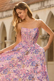 Floral Lilac Jacquard Strapless A Line Long Corset Prom Dress