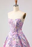 Floral Lilac A Line Jacquard Strapless Long Corset Prom Dress