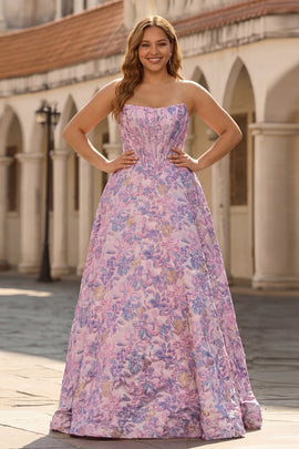 Plus Size Floral Lilac Jacquard Strapless A Line Long Corset Prom Dress
