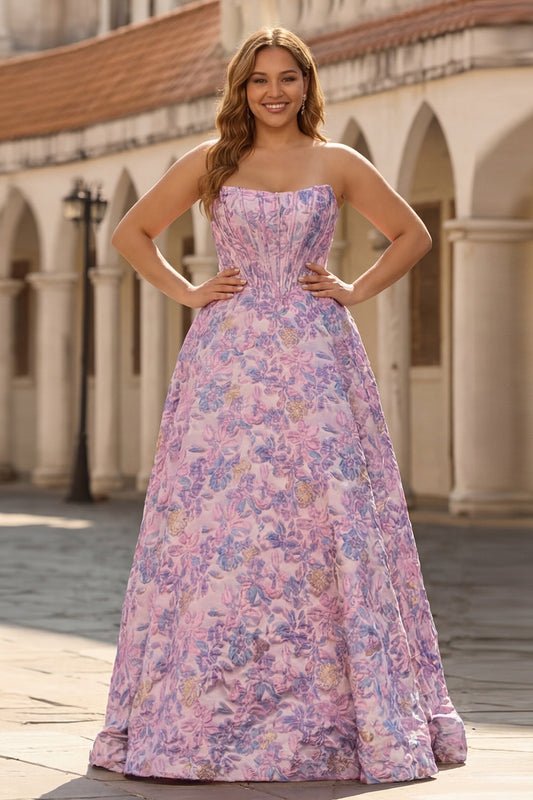 Plus Size Floral Lilac Jacquard Strapless A Line Long Corset Prom Dress