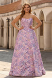Plus Size Floral Lilac Jacquard Strapless A Line Long Corset Prom Dress