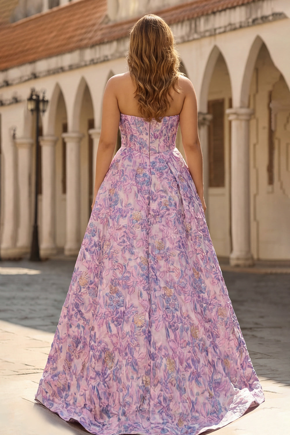 Plus Size Floral Lilac Jacquard Strapless A Line Long Corset Prom Dress