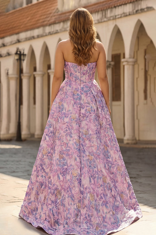 Plus Size Floral Lilac Jacquard Strapless A Line Long Corset Prom Dress