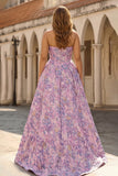 Plus Size Floral Lilac Jacquard Strapless A Line Long Corset Prom Dress