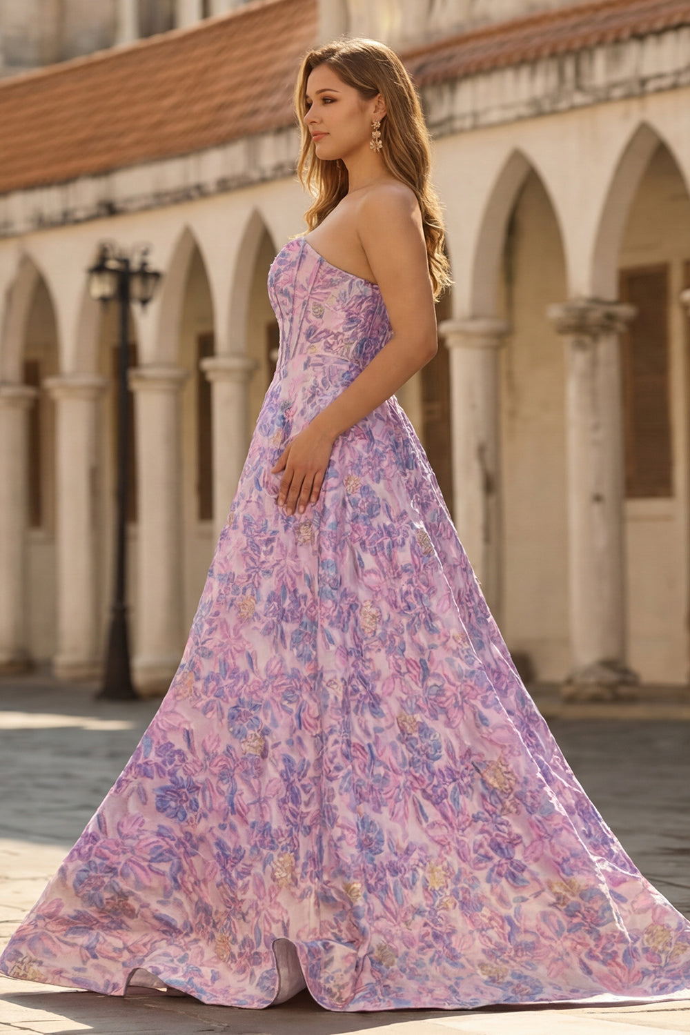 Plus Size Floral Lilac Jacquard Strapless A Line Long Corset Prom Dress