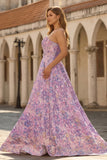 Plus Size Floral Lilac Jacquard Strapless A Line Long Corset Prom Dress