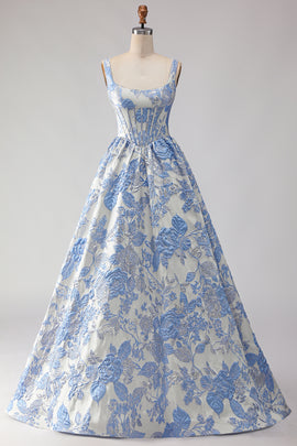 Floral Light Blue Jacquard A Line Long Corset Prom Dress