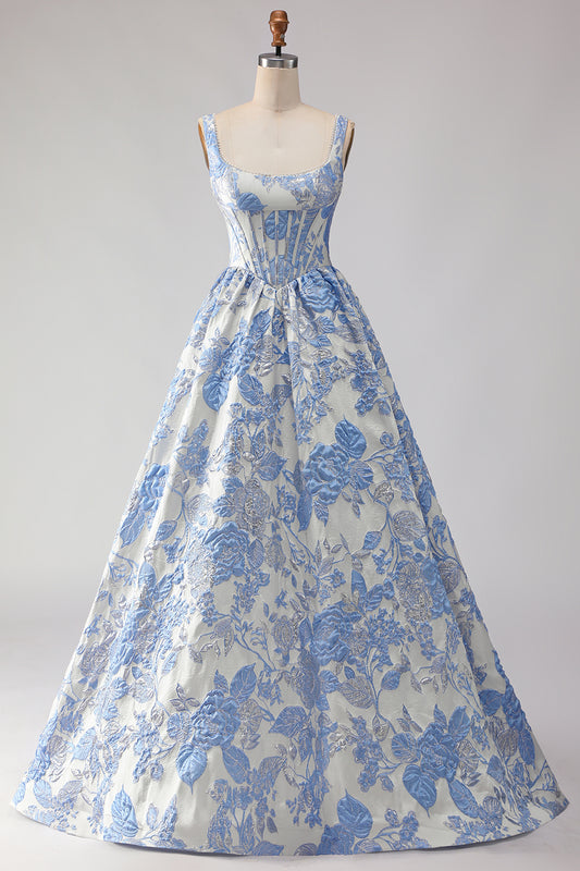 Floral Light Blue Jacquard A Line Long Corset Prom Dress