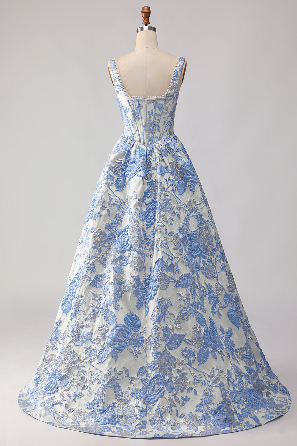 Floral Light Blue Jacquard A Line Long Corset Prom Dress