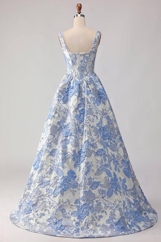 Floral Light Blue Jacquard A Line Long Corset Prom Dress