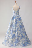 Floral Light Blue Jacquard A Line Long Corset Prom Dress