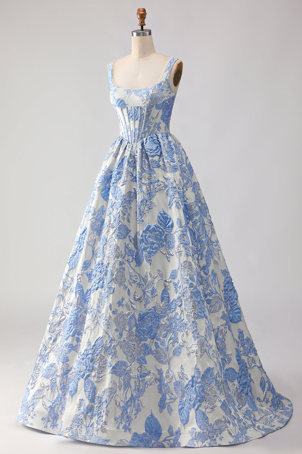 Floral Light Blue Jacquard A Line Long Corset Prom Dress