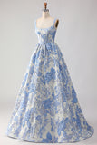 Floral Light Blue Jacquard A Line Long Corset Prom Dress